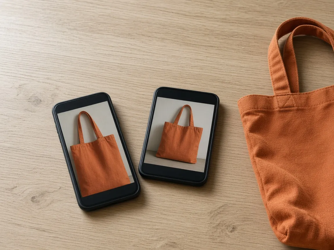 Two phones showing a tall and a square photo of an orange tote bag