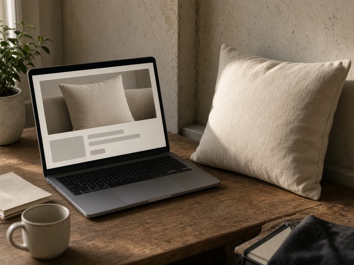 Desk with a laptop showing a wide banner of a linen pillow beside the real pillow
