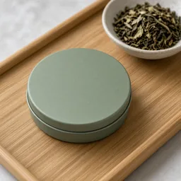 竹托盘上的无品牌灰绿色茶叶罐