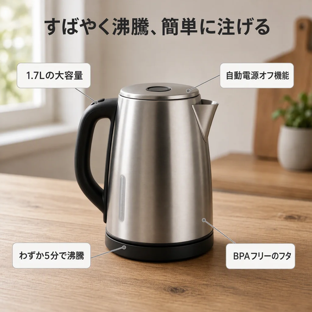 同一电热水壶信息图,标题和四个卖点已翻译成日语