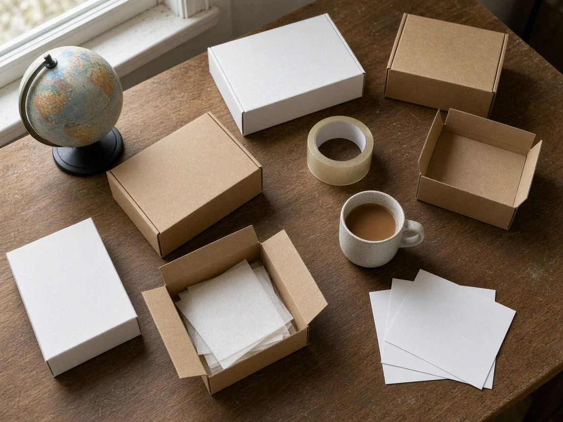 窗边木桌上摆着空白商品纸盒、胶带、小地球仪和一杯茶的卖家工作台
