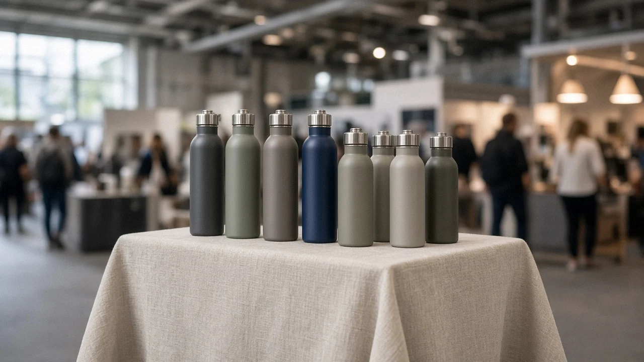 Row of unbranded insulated bottles in muted colors on a trade fair table