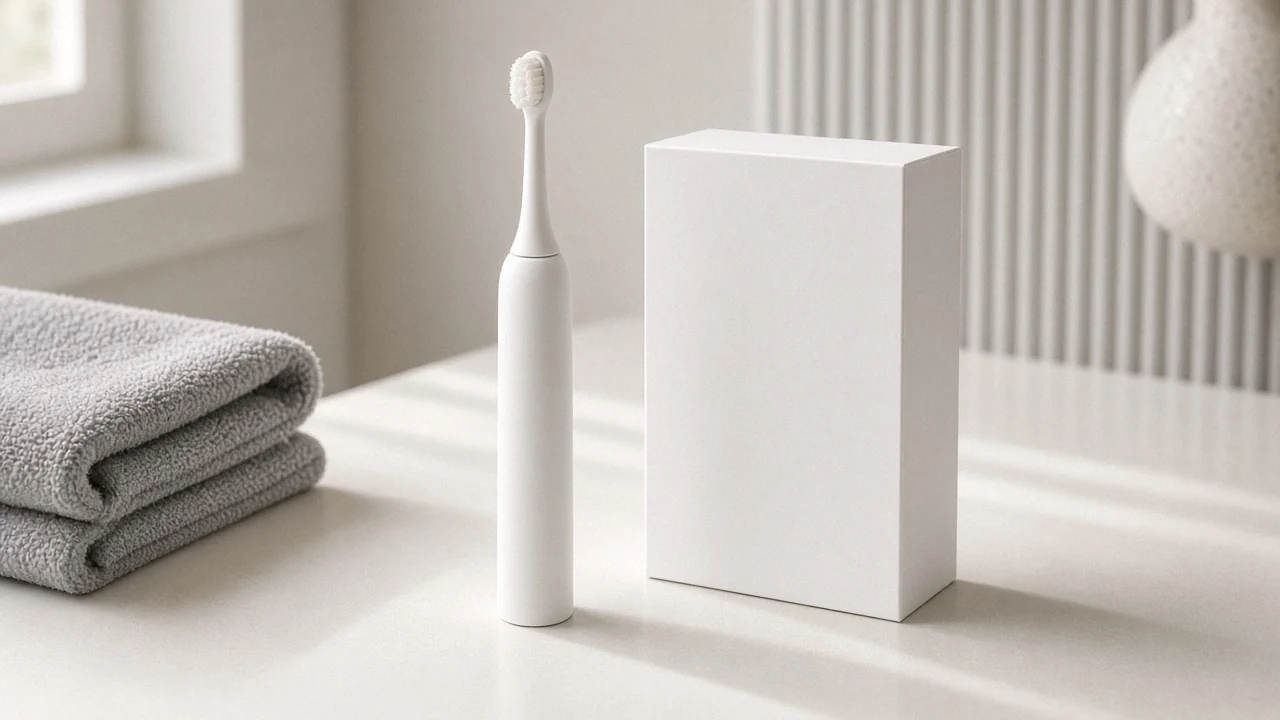 Unbranded white electric toothbrush and plain box on a bright bathroom counter