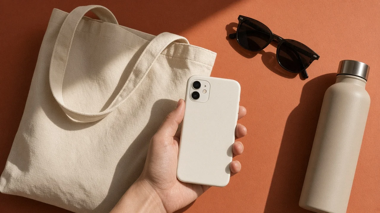 Hand holding a phone above a canvas tote, sunglasses and a bottle on terracotta paper