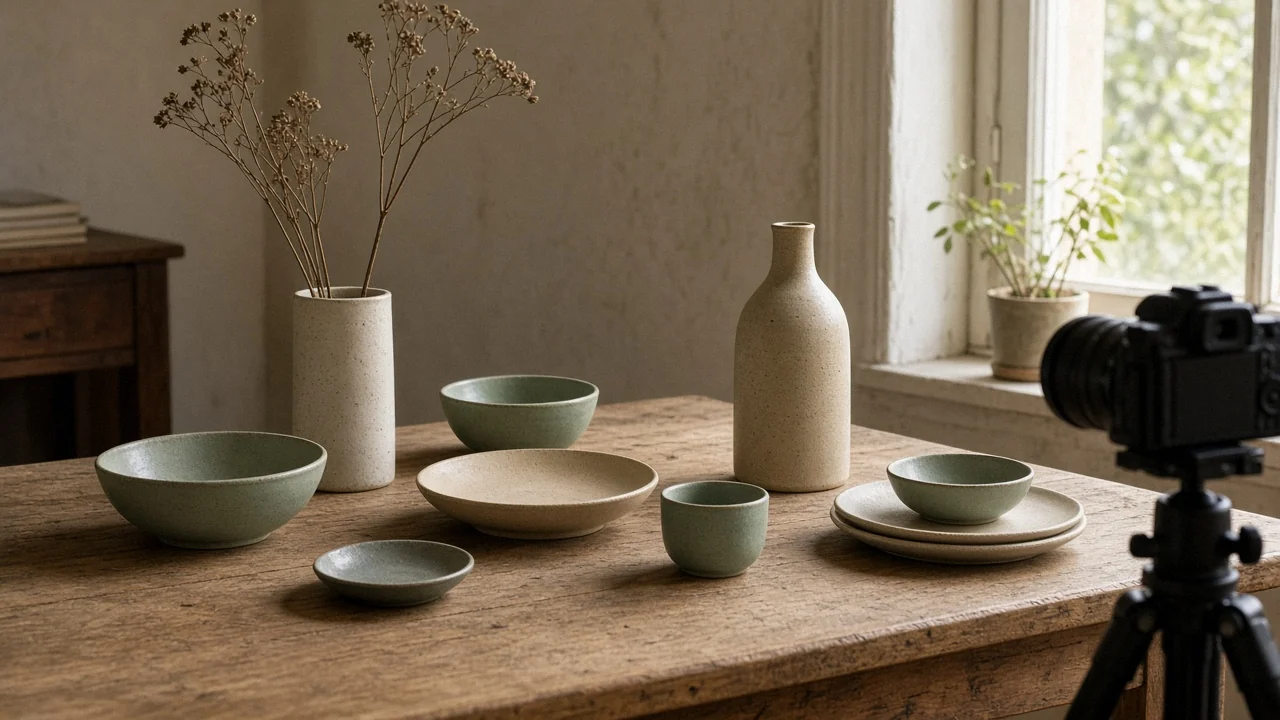 Handmade sage and sand ceramic tableware arranged for a shoot with a camera on a tripod