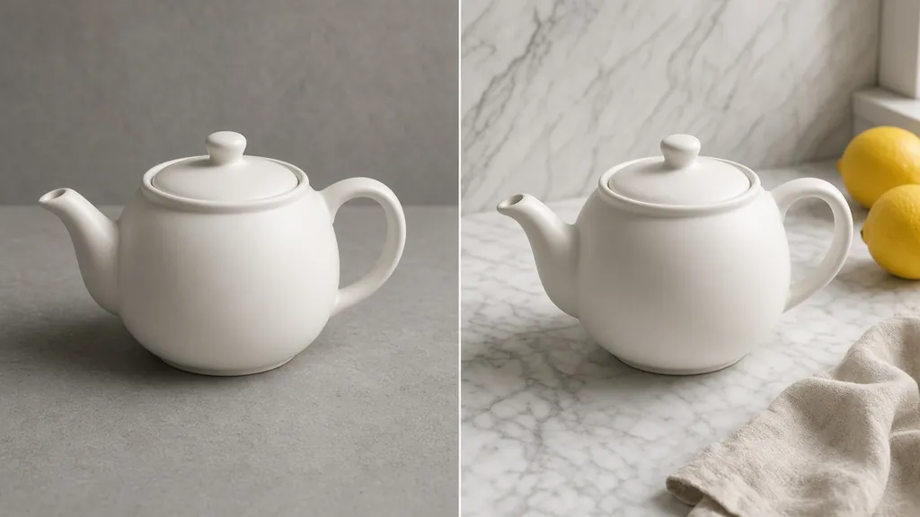 Before-and-after compare of the same product moved from a dull tabletop to a styled scene