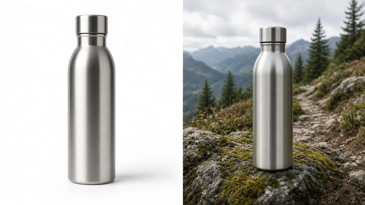 Same stainless steel water bottle on pure white and on a mossy rock by a mountain trail