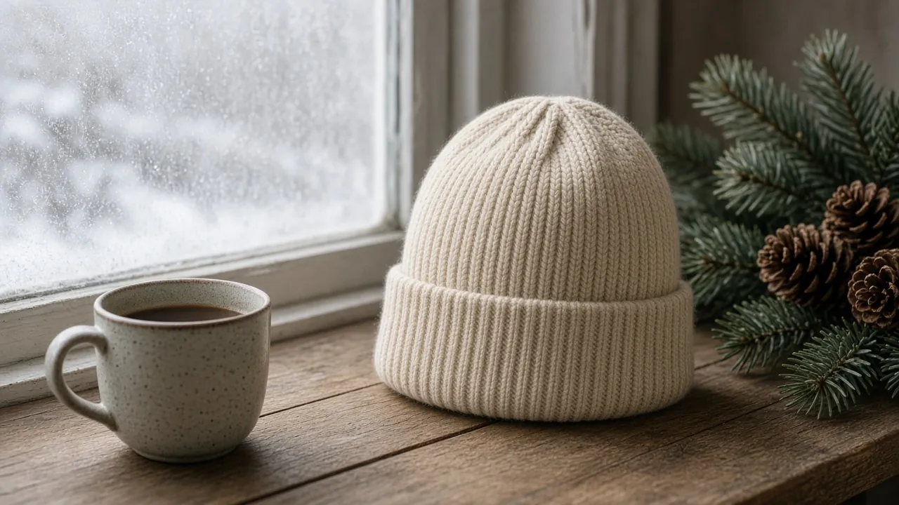 Oatmeal knit beanie on a wooden sill beside a frosted window with pine branches