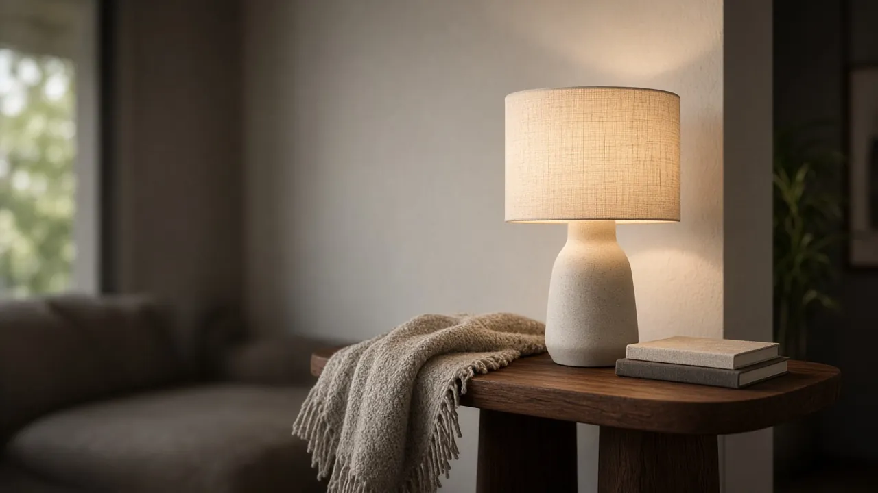 Unbranded ceramic lamp with a linen shade glowing on a walnut side table in a living room