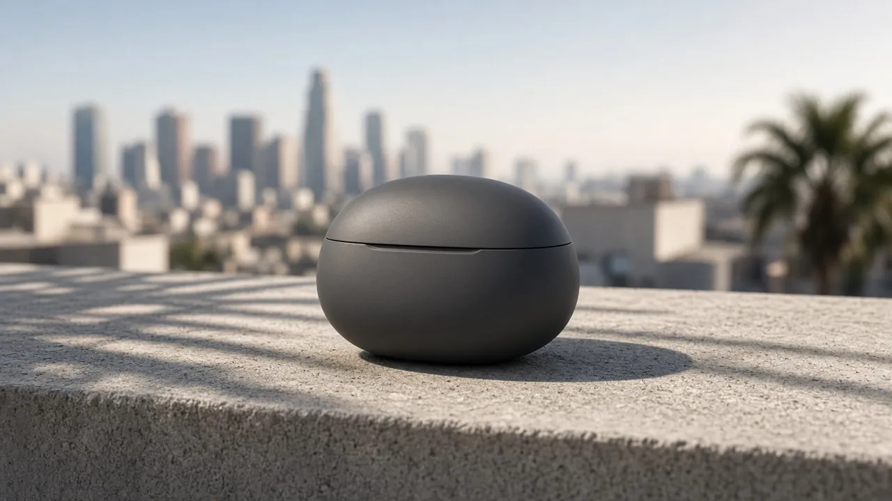 Matte charcoal pebble-shaped earbuds case on a sunny rooftop ledge with a city skyline