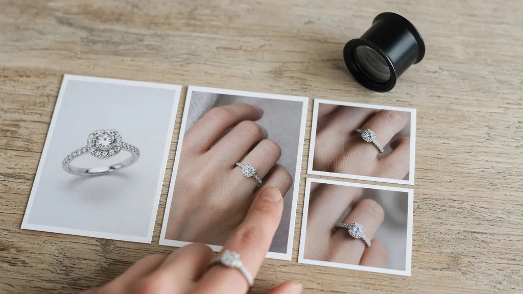 Prints of a ring packshot and three on-hand versions laid side by side with a loupe