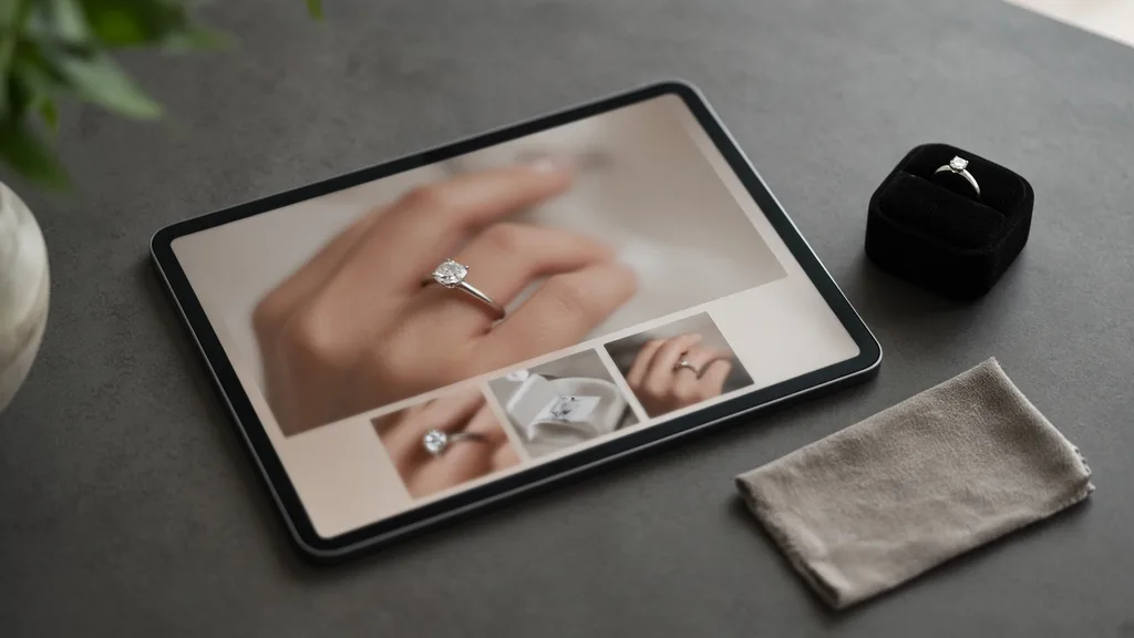 Tablet showing a jewelry product page with an on-hand ring image next to a ring box