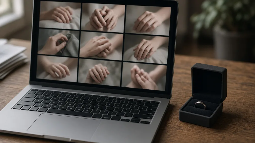 Laptop showing a grid of nine hand photos next to an unbranded ring
