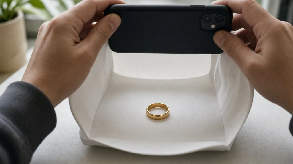 Photographing an unbranded ring on a small stand in a white light tent