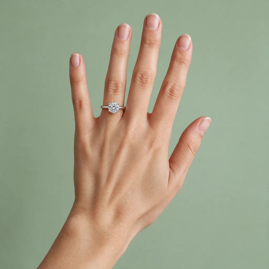 Woman wearing the same solitaire ring on her ring finger
