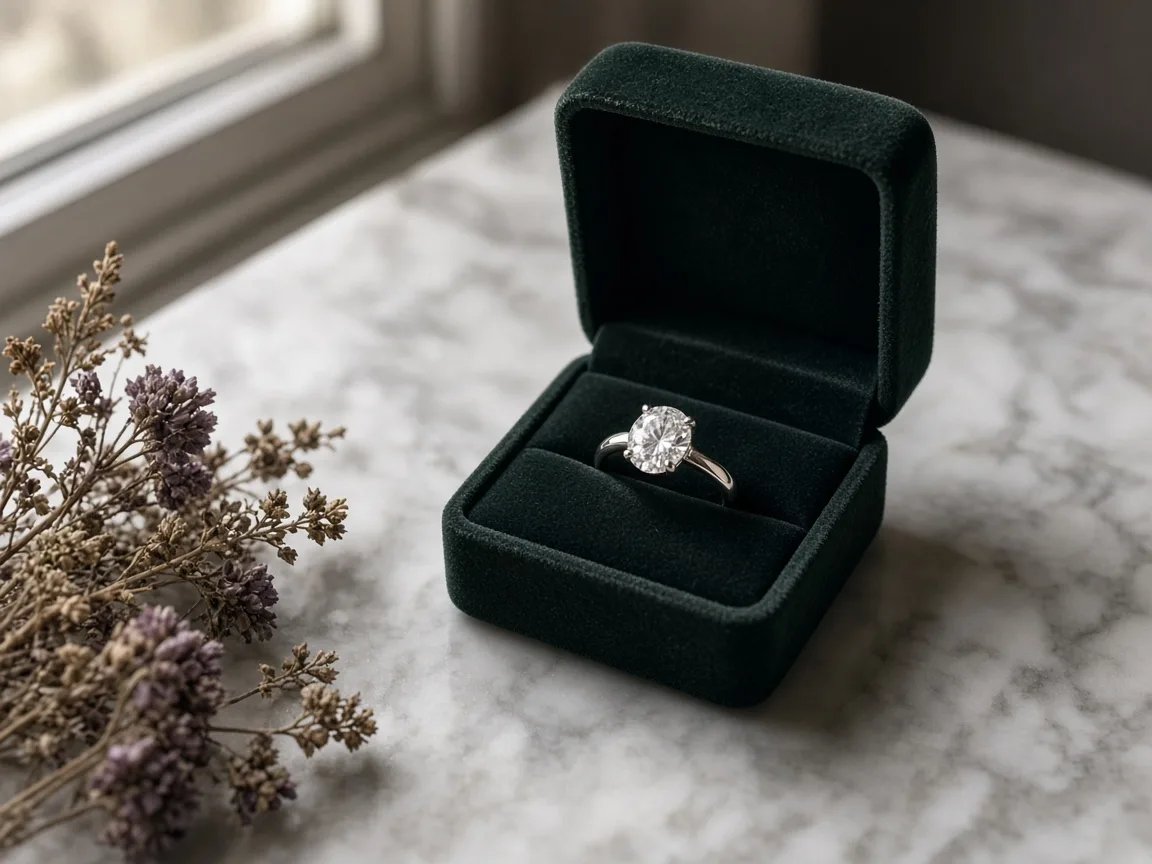 Unbranded diamond engagement ring in a green velvet box on marble