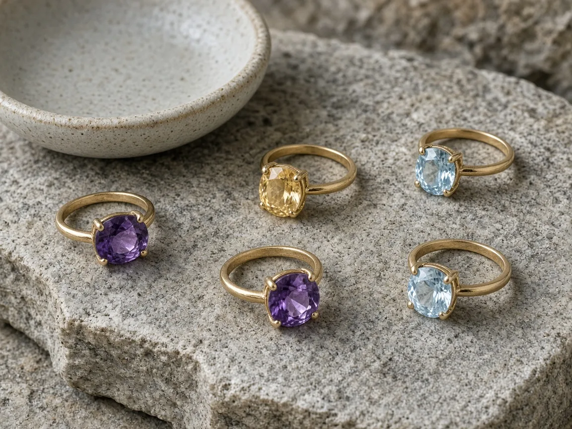 Unbranded amethyst, citrine and topaz rings on a stone slab