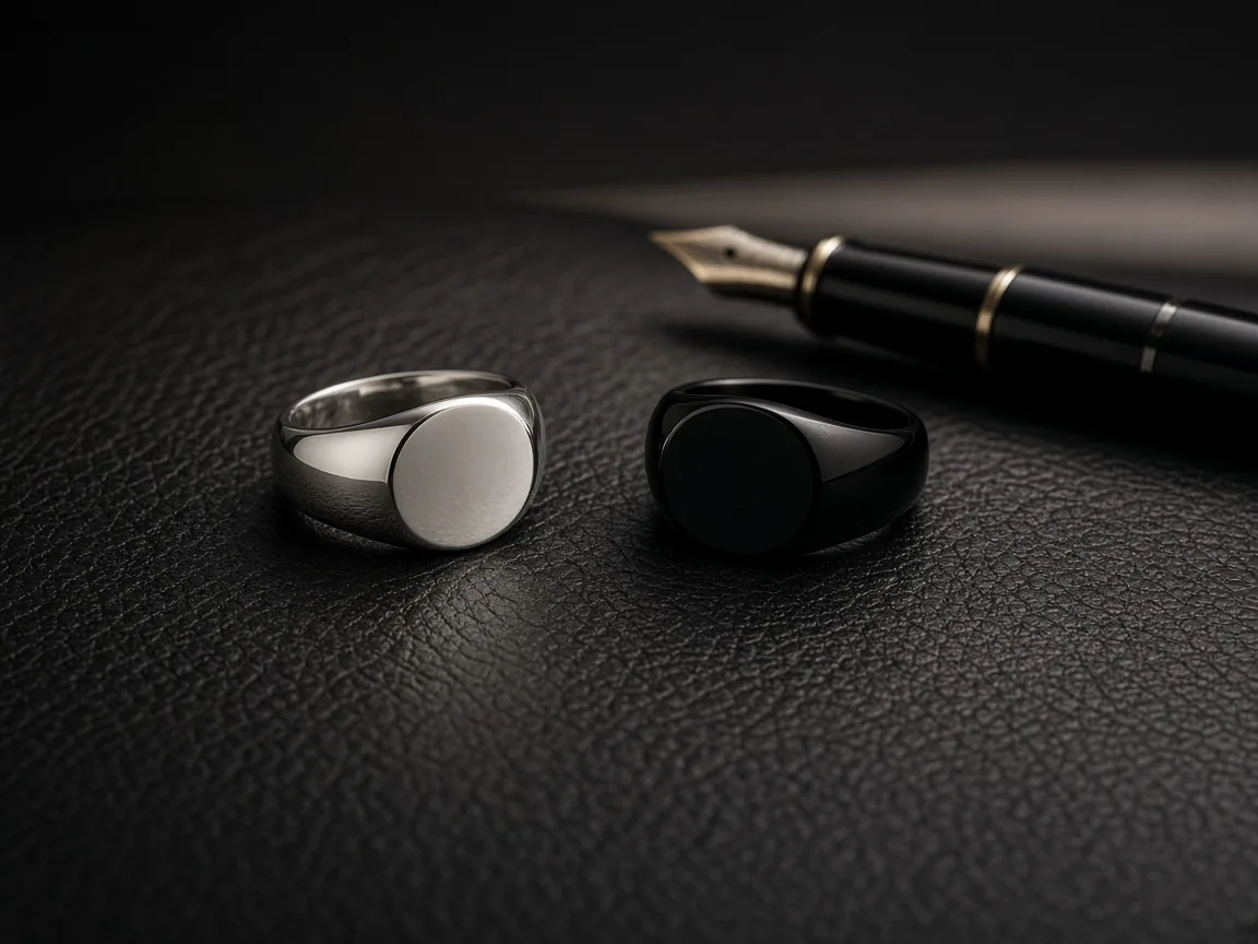 Unbranded silver and onyx signet rings beside a fountain pen