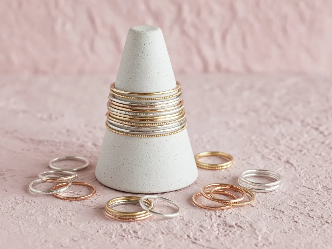 Thin unbranded gold, silver and rose-gold stacking rings on a ring cone