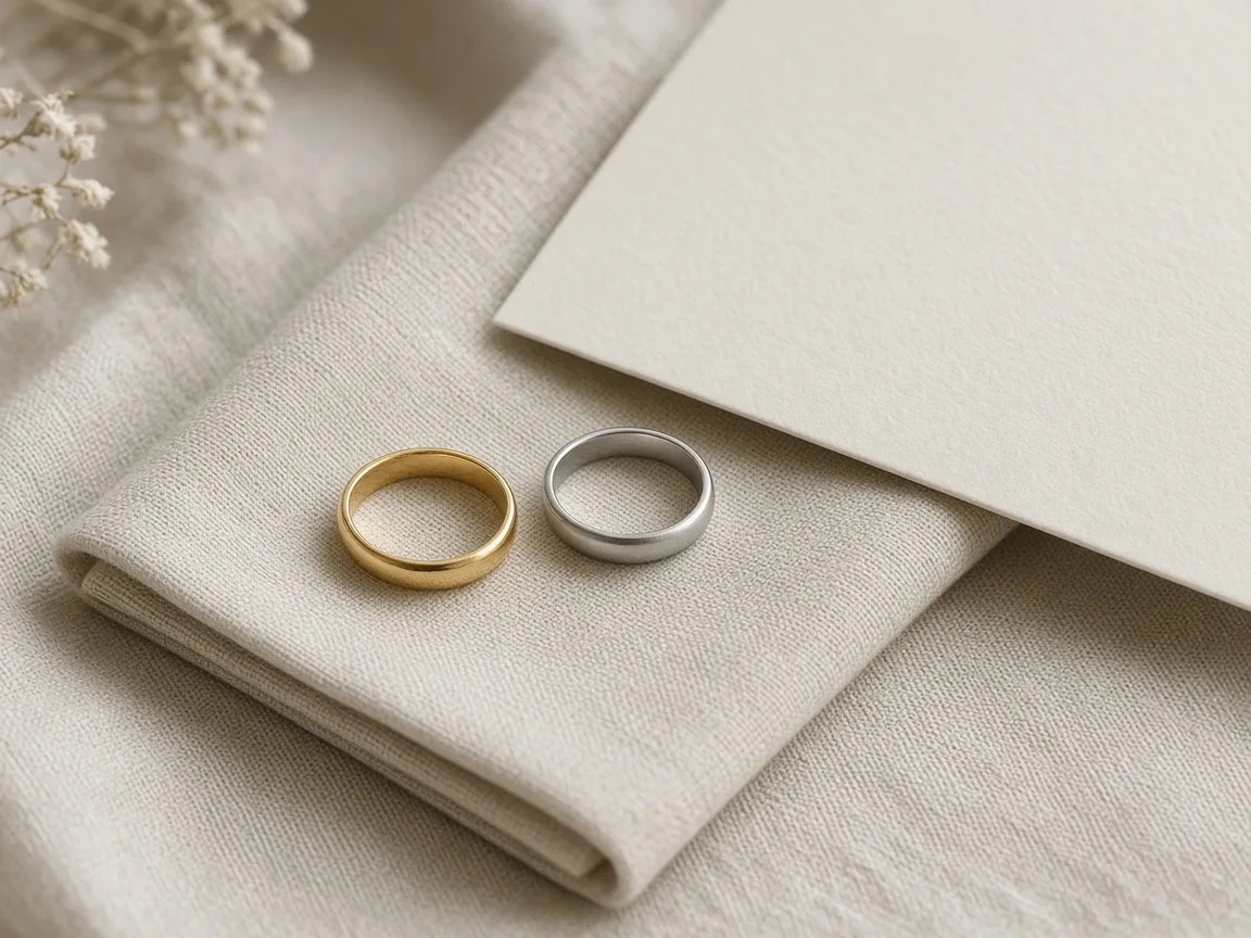 Pair of unbranded gold and platinum wedding bands on a linen napkin