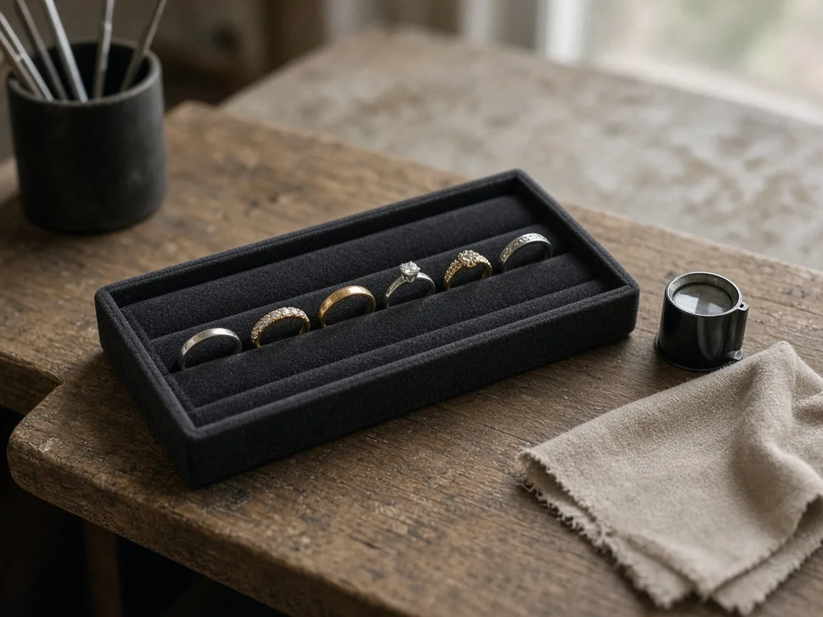 Velvet ring tray with several unbranded rings on an old workbench beside a loupe
