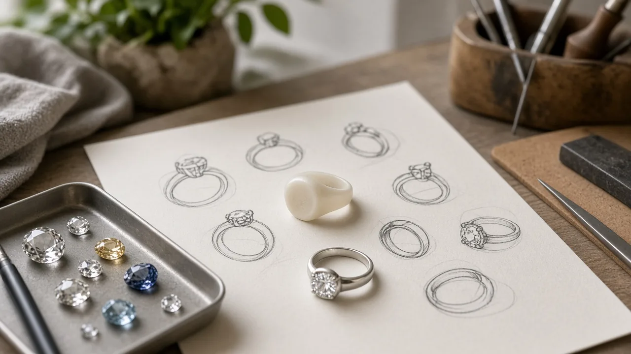 Designer desk with ring sketches, a wax model and loose stones
