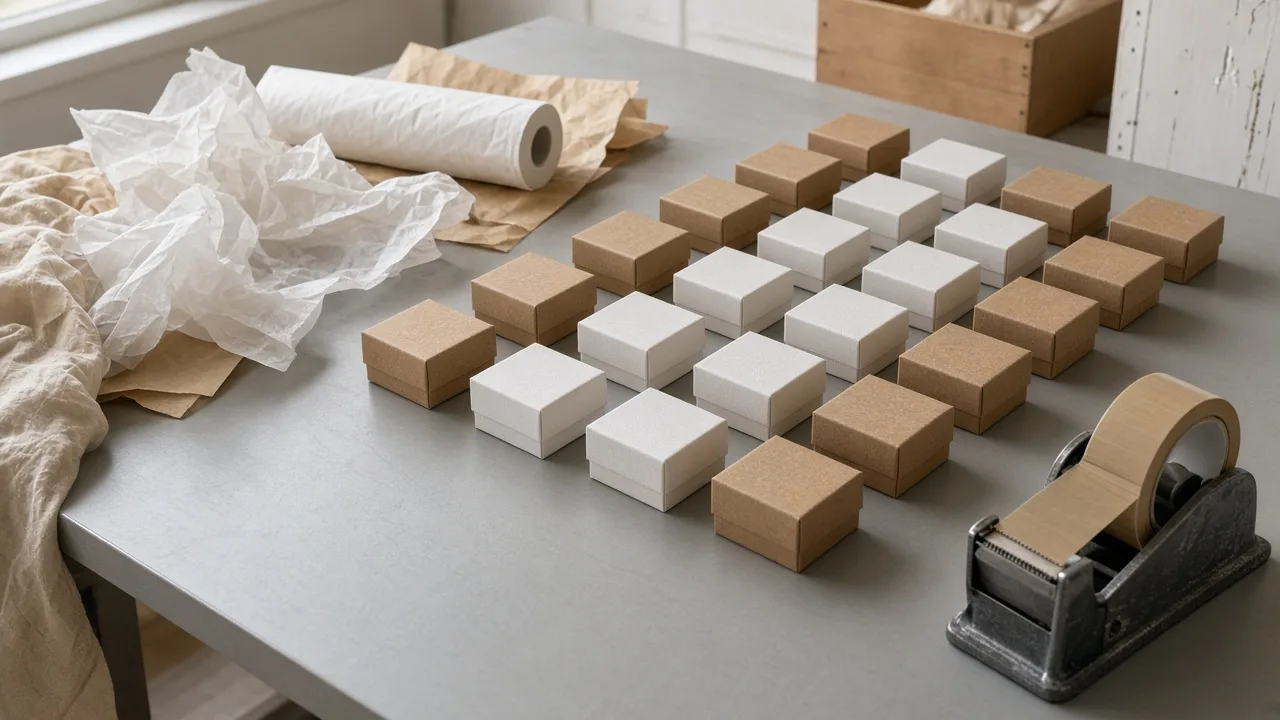 Rows of unbranded ring boxes on a packing table