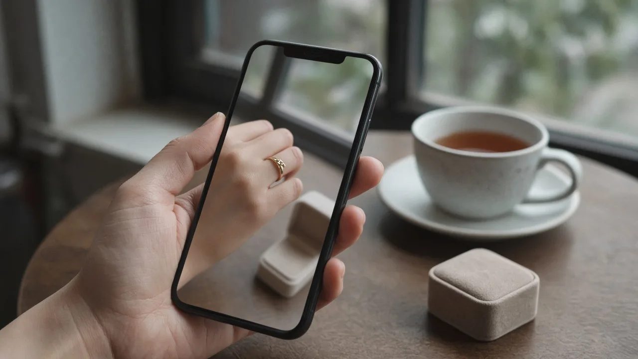 Hand holding a phone showing an on-hand ring photo at a café table