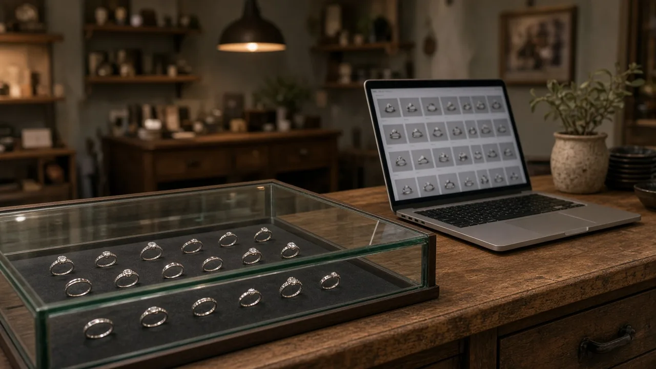 Jewelry shop counter with a ring display case and a laptop