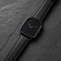 石板上的一只无品牌黑色方形皮带手表