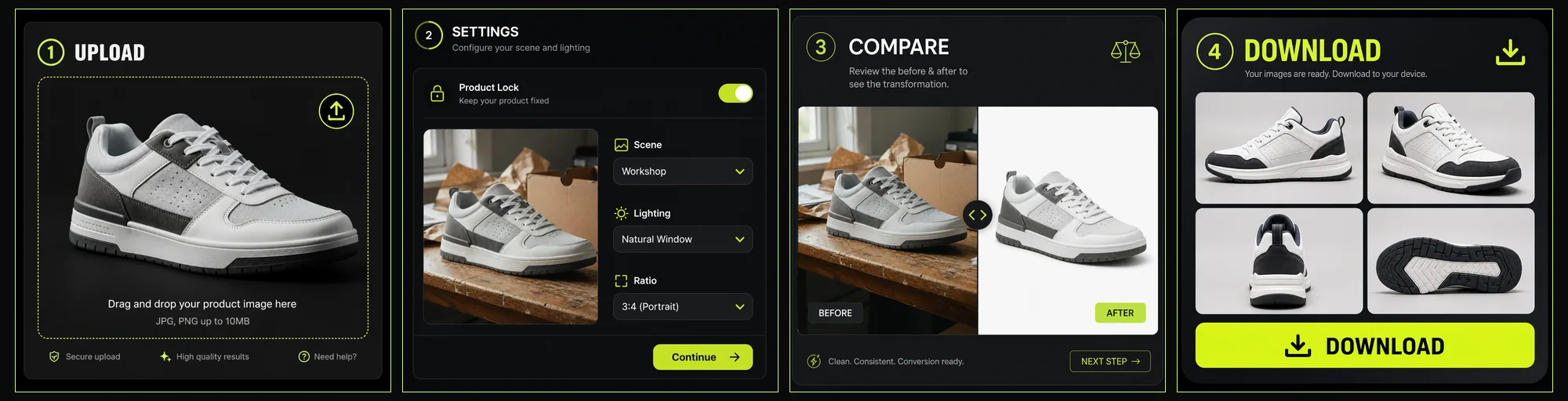 Montage of catalog listing angles from one product upload (illustrates the upload-to-download workflow)