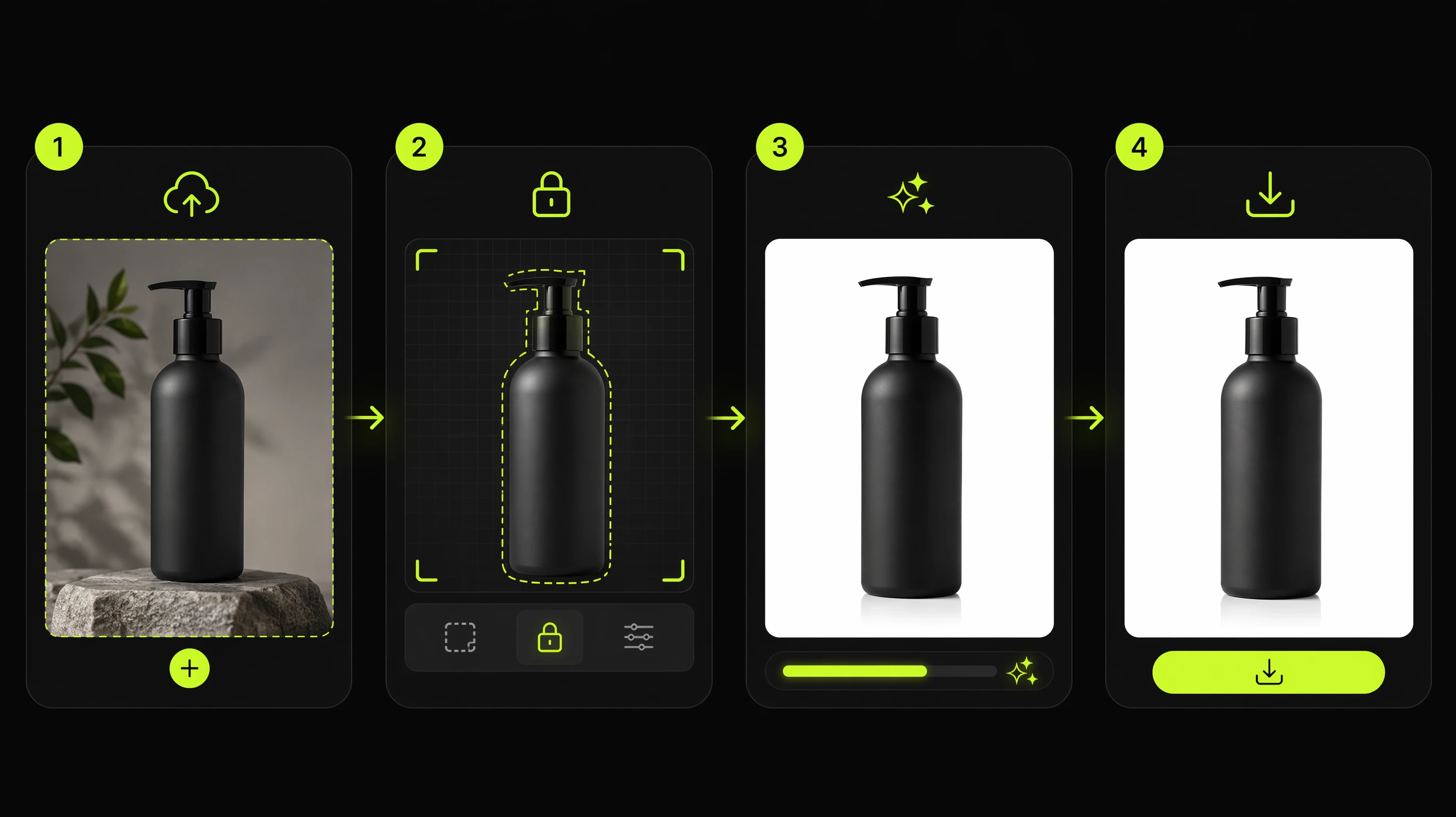 Four-step white background product photo workflow from upload to download